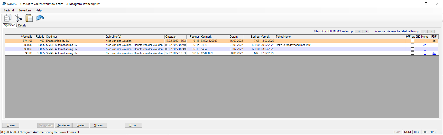 Uit te voeren workflow acties
